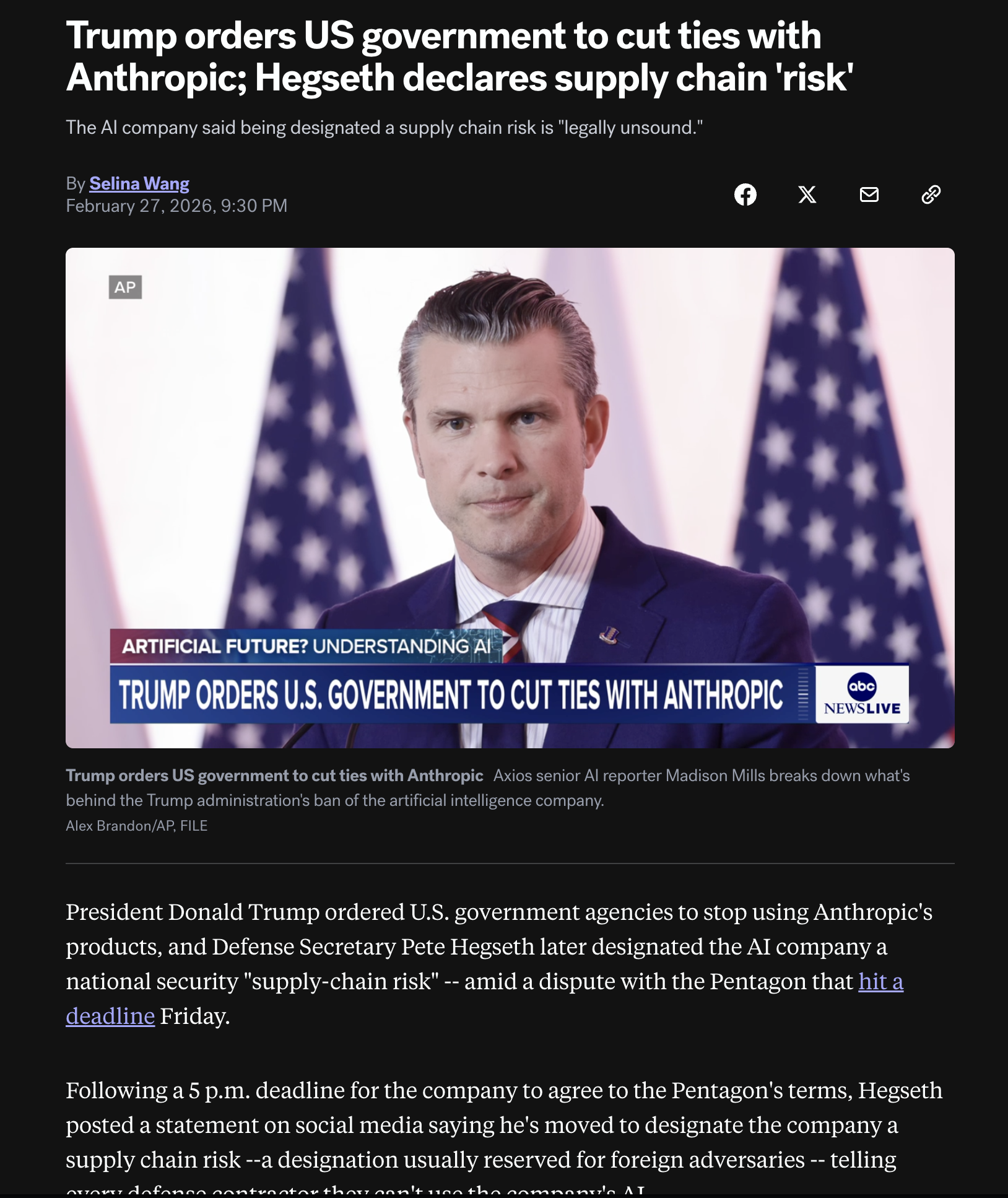 Anthropic and Pentagon coverage screenshot